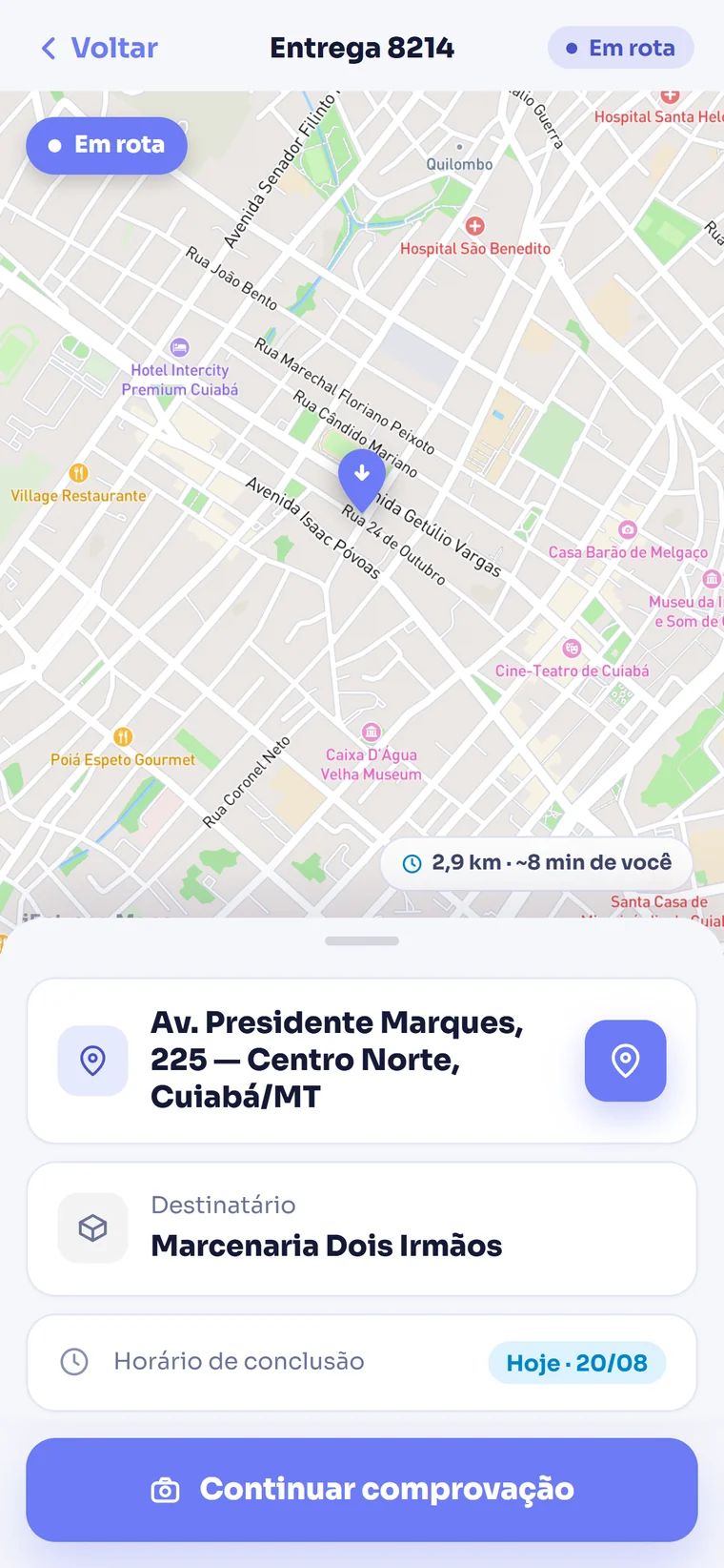 Tela da parada: mapa com o caminho até o destino, endereço, destinatário e o botão de continuar a comprovação.