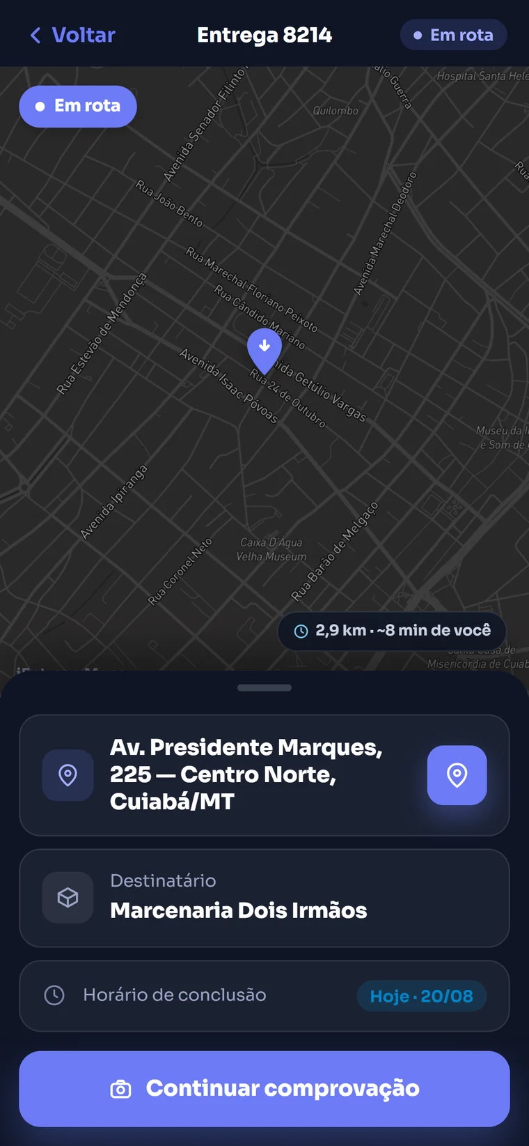 Tela da parada: mapa com o caminho até o destino, endereço, destinatário e o botão de continuar a comprovação.