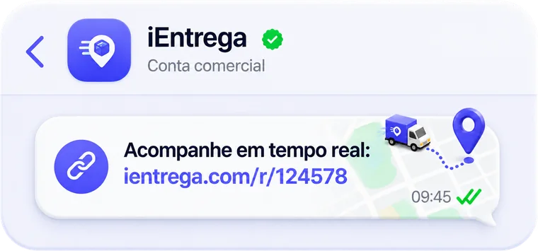 Conversa no WhatsApp da conta comercial da iEntrega com a mensagem de acompanhamento em tempo real e o link do rastreio, entregue e lida às 09:45.