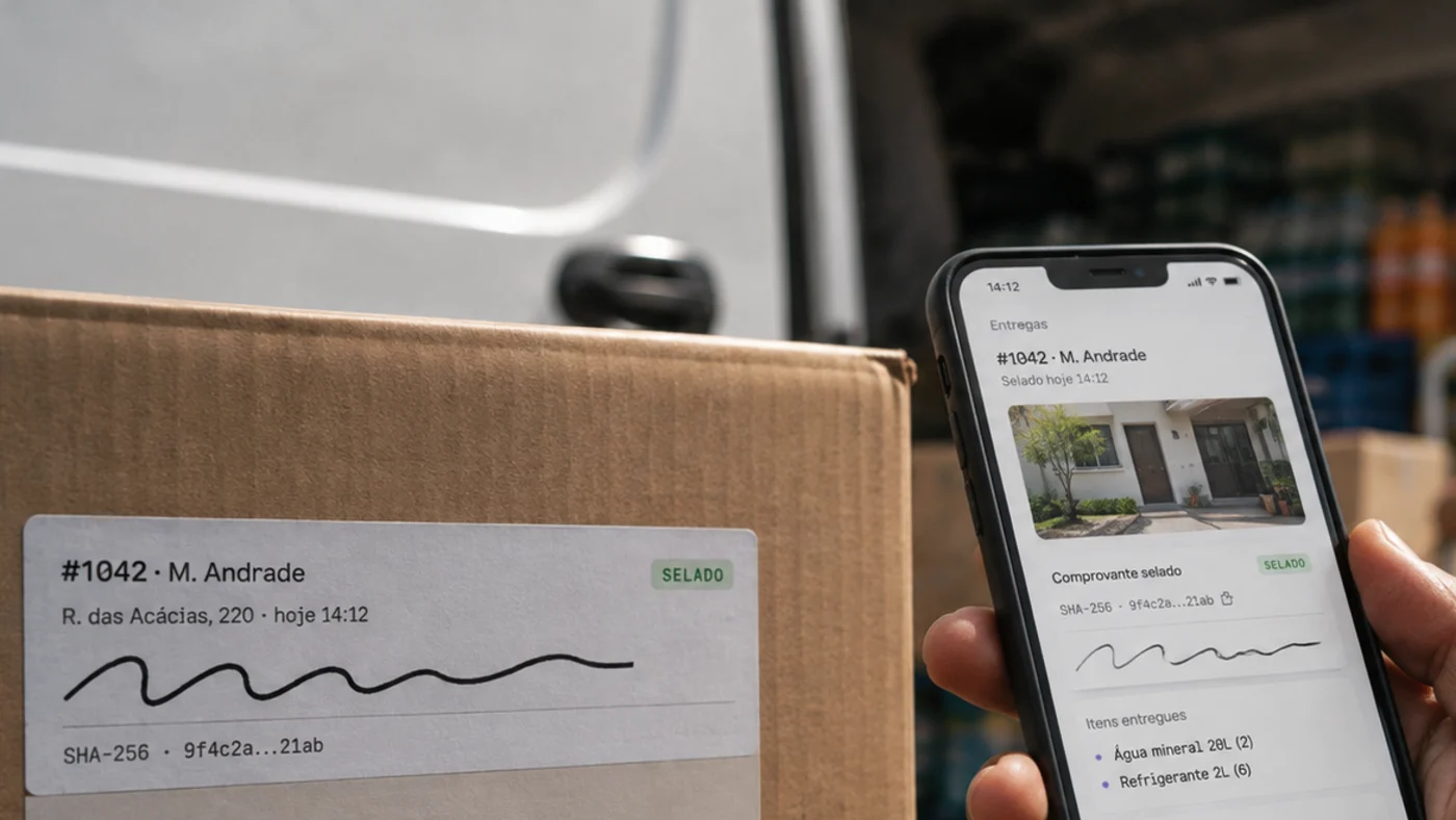 Etiqueta do comprovante selado na caixa e a mesma entrega aberta no celular do entregador
