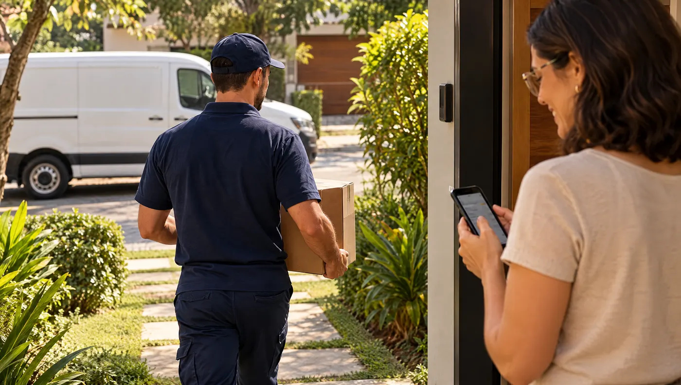 Entregador levando a caixa pelo jardim enquanto a cliente, na porta, acompanha a entrega pelo celular; a van branca ao fundo