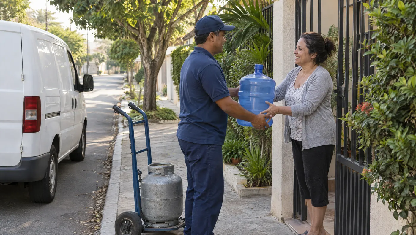 Na manhã seguinte, o entregador volta e entrega o galão de água à cliente sorridente no portão de casa, com o carrinho de botijão ao lado e a van ao fundo