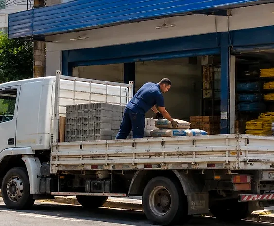 Carregamento de cimento e tijolo na frente de um depósito de material de construção