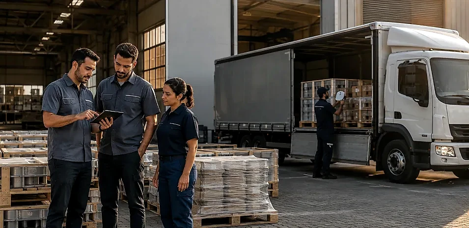 Equipe conferindo paletes no pátio de carregamento de uma indústria