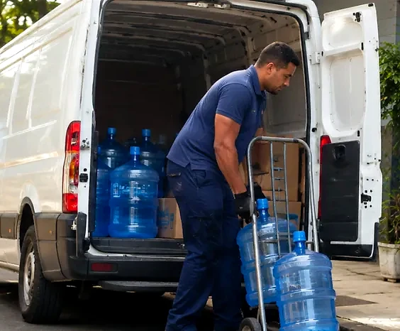 Entrega de galões de água em um comércio de rua