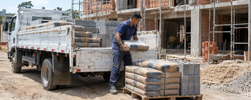Entregador descarregando sacos de cimento e blocos do caminhão na obra da construtora.