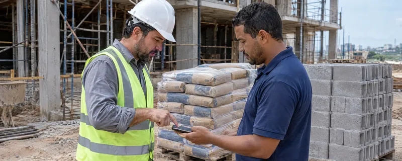Mestre de obras de capacete confirmando o recebimento no celular do entregador, ao lado do material entregue.