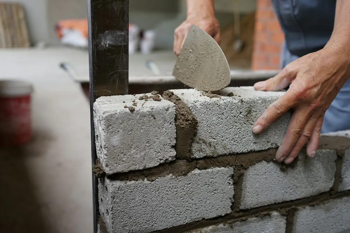 Pedreiro assentando bloco de concreto com a colher de pedreiro