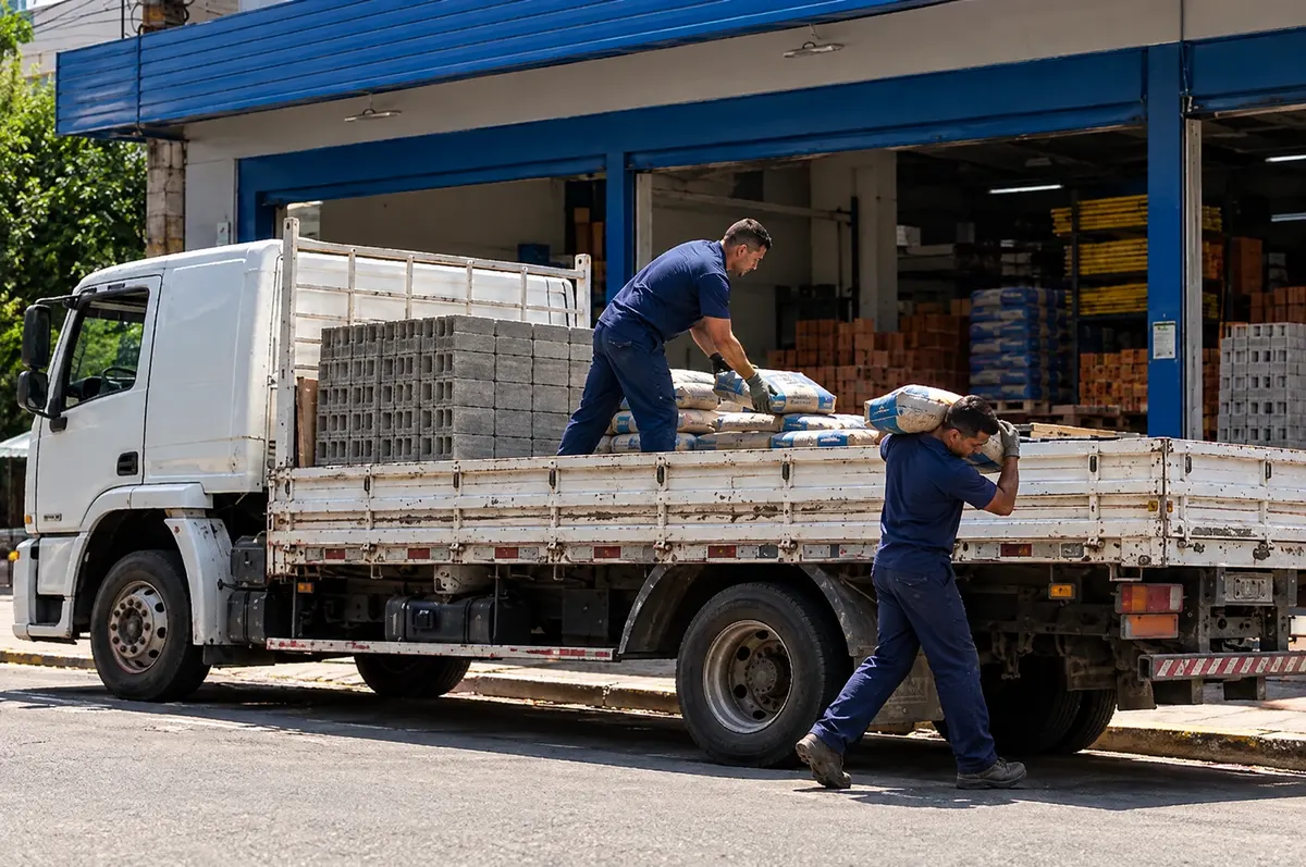Entregador levando um saco de cimento no ombro do caminhão de carroceria, em frente a uma loja de materiais de construção, enquanto o colega passa o próximo saco