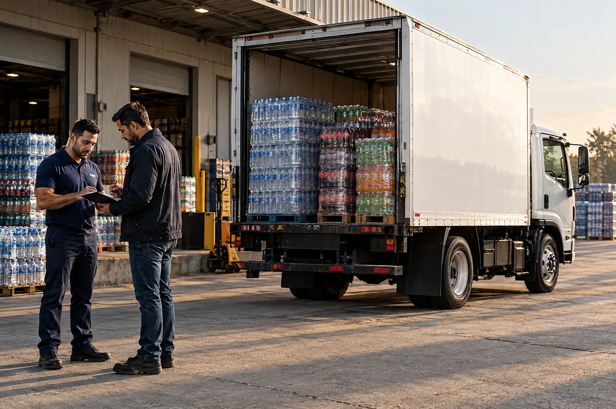Motorista e conferente checando a carga ao lado de um caminhão baú aberto, cheio de fardos de água e refrigerante, na doca de uma distribuidora