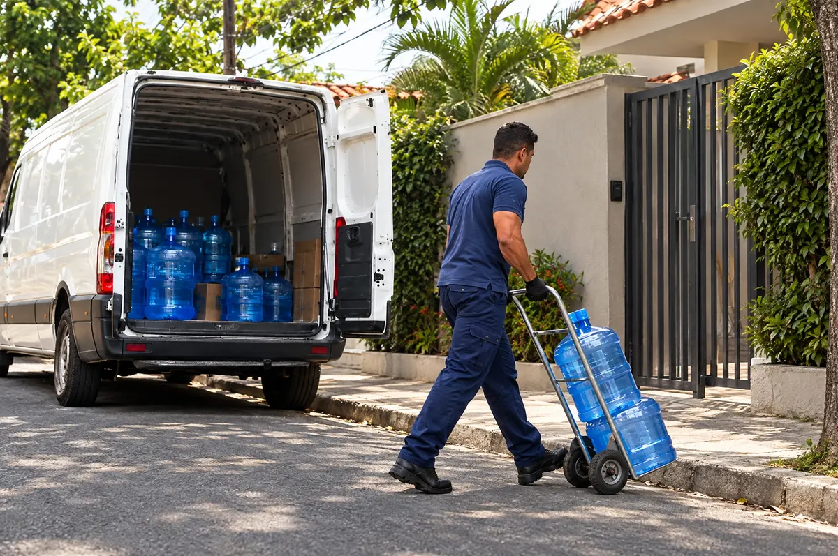 Entregador puxando um carrinho com dois galões de água da van branca até o portão de uma casa